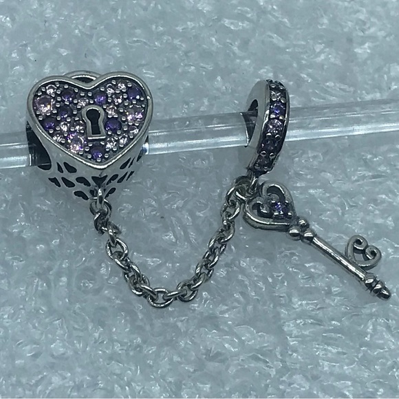 ❤️ Lock with Key , Purple Crystal CZ Charm Sterling Silver 925 #HP15-8 - Picture 2 of 5